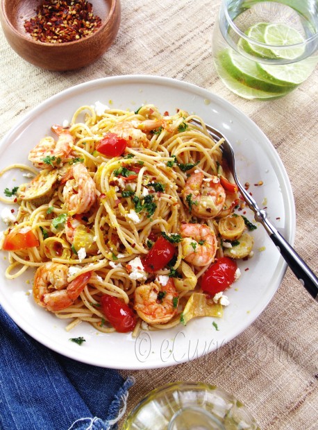 Spaghetti with Shrimp Artichokes and Feta