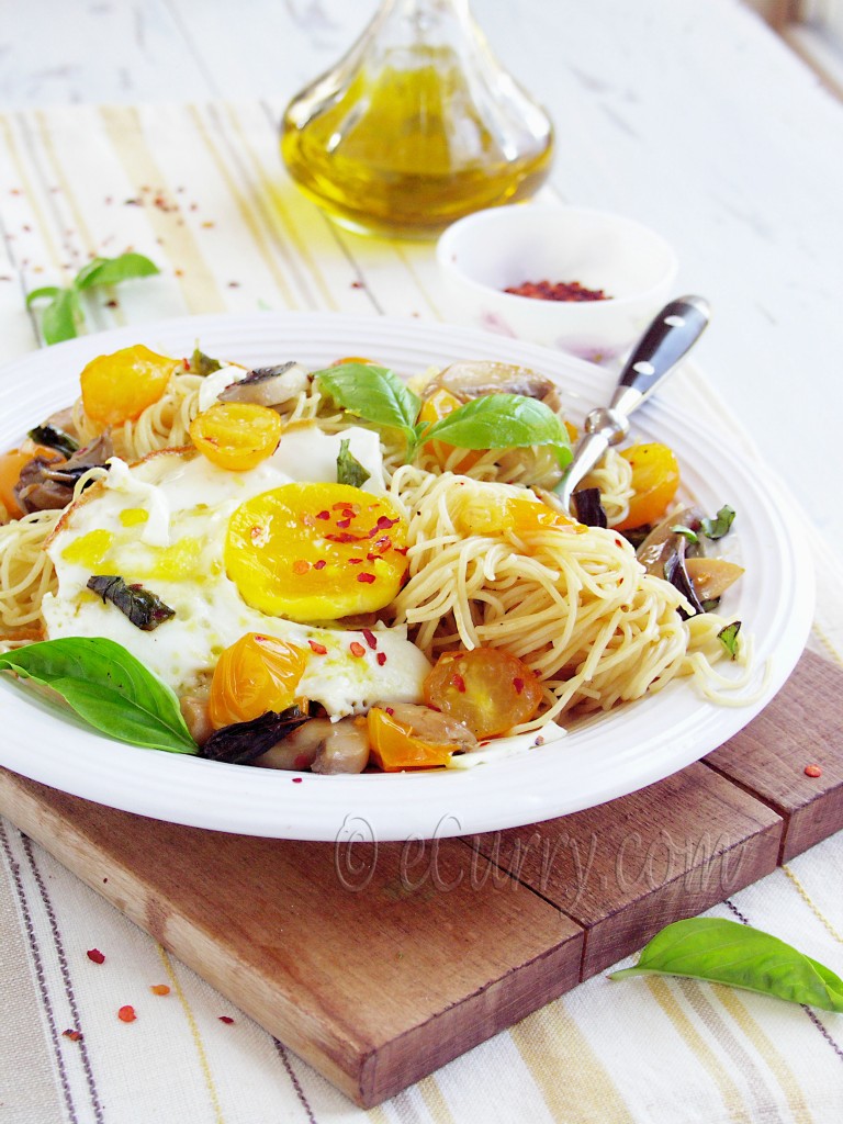 basil, fresh basil, herb, classic pasta with basil, pasta recipe with basil, angel hair pasta, pasta with fried egg