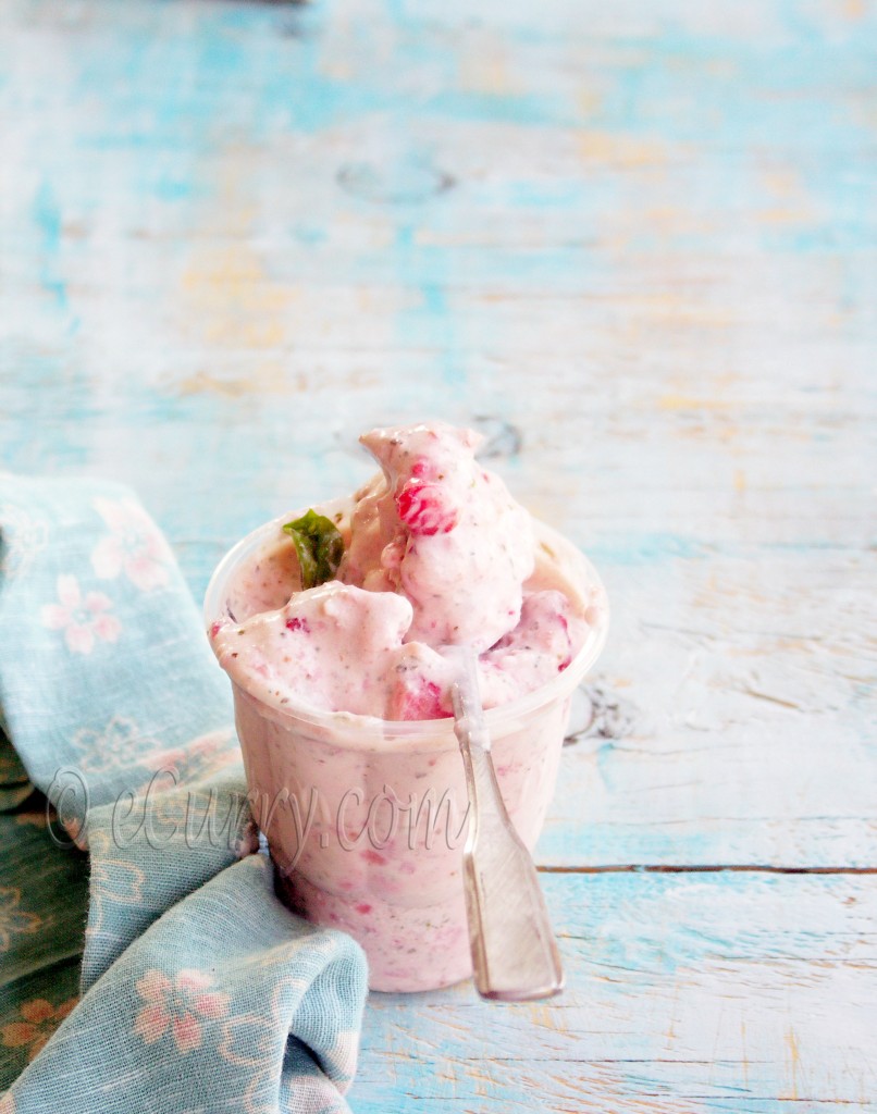 Strawberry Basil Ice Cream, eggless ice cream, ice cream without custard, strawberry ice cream, fresh fruit ice cream, basil flavored ice cream, pink dessert, soft serve ice cream