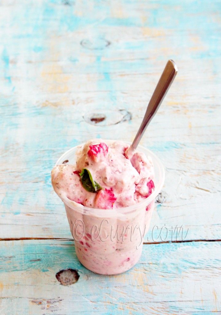 Strawberry Basil Ice Cream, eggless ice cream, ice cream without custard, strawberry ice cream, fresh fruit ice cream, basil flavored ice cream, pink dessert, soft serve ice cream 