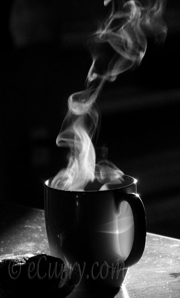 a cup of coffee, a cuppa, B&W wednesday, black and white photograph, black and white photographs, break, Coffee, coffee break, cup, mug, photograph of a cup, photography, smoke, steam, tea break